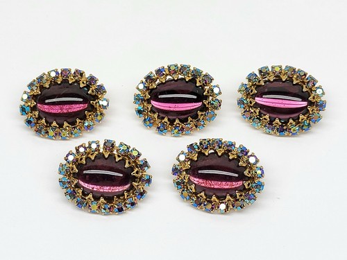 VINTAGE PURPLE GRIPOIX CABOCHON AB CRYSTAL BUTTONS SET OF 5 - Imagen 1 de 8