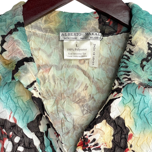 Alberto Makali Abstract Crinkle Floral Blouse Large Teal Long Sleeve Button-up - Picture 3 of 6