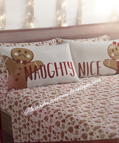 Christmas Gingerbread Cookies 6 Piece Sheet Set Full Naughty Nice Bed Set New - Picture 4 of 4