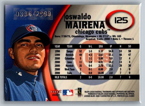 2001 Fleer EX Baseball #125 Oswaldo Mairena On Card Auto RC /2999 Chicago Cubs - Picture 2 of 2
