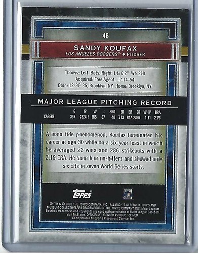 2020 Topps Museum Collection Sandy Koufax Blue Sapphire #46 (Dodgers) 47/150 - Picture 2 of 2