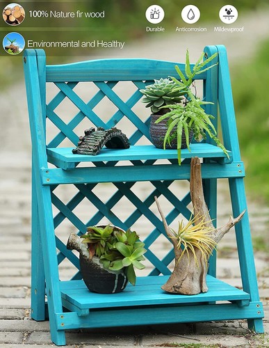 20" Ladder Plant Stand Display Grid Blue 2-Tier Wooden Planter Holder Flower Pot - Picture 2 of 5