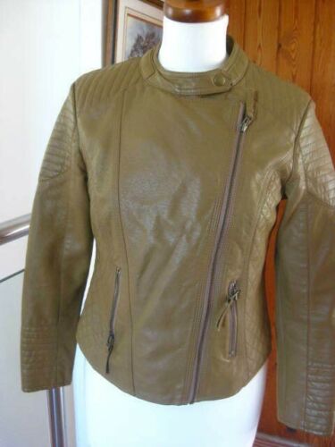 M&S LEATHER BIKER JACKET faux bomber aviator 10 petite tan brown COLLECTION soft - Picture 5 of 12