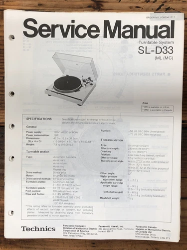 Technics SL-D33 Record Player / Turntable  Service Manual *Original*