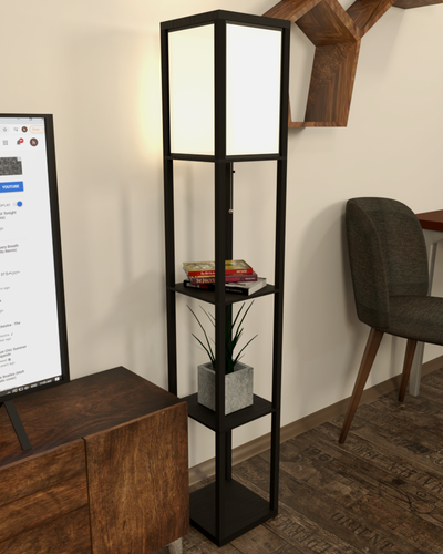 Wooden Floor Lamp with Storage Shelves Free Standing Lounge Light Shelf Office - Picture 3 of 9