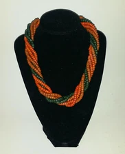 Necklace Beaded Forest Green Warm Brown Amber Multi Strand Twisted