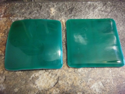 Set of 2 Handmade Fused Glass Trivets Egyptian Style Hieroglyphics White Green - Picture 5 of 6