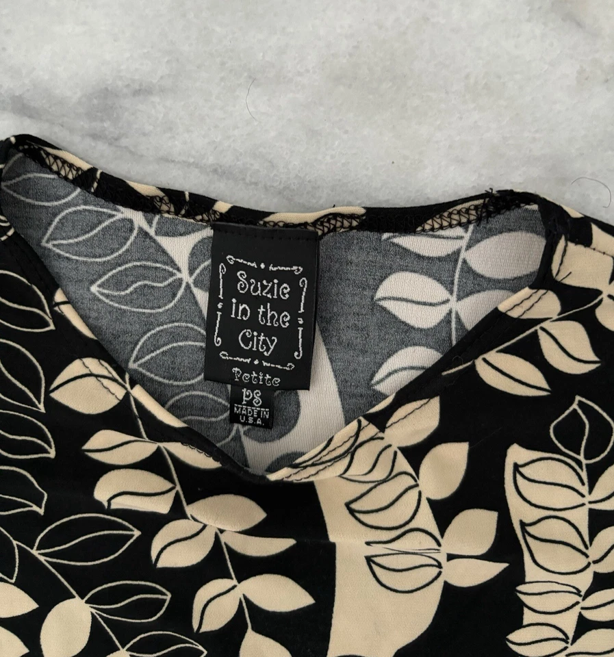 Blusa sin mangas vintage Suzie In The City negra beige estampado de hojas sin mangas pequeña Foto 4 de 4
