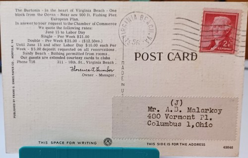Cartolina il burtonia hotel virginia beach virginia 1956 - Foto 2 di 2