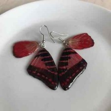 1 Pairs Real Butterfly Red-Black Wing Earrings-Resin 2 layers Coated Dangle