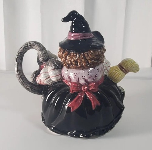 VINTAGE FITZ AND FLOYD HALLOWEEN TEAPOT WITCH W/ CAT 1992 - 第 6/9 張圖片