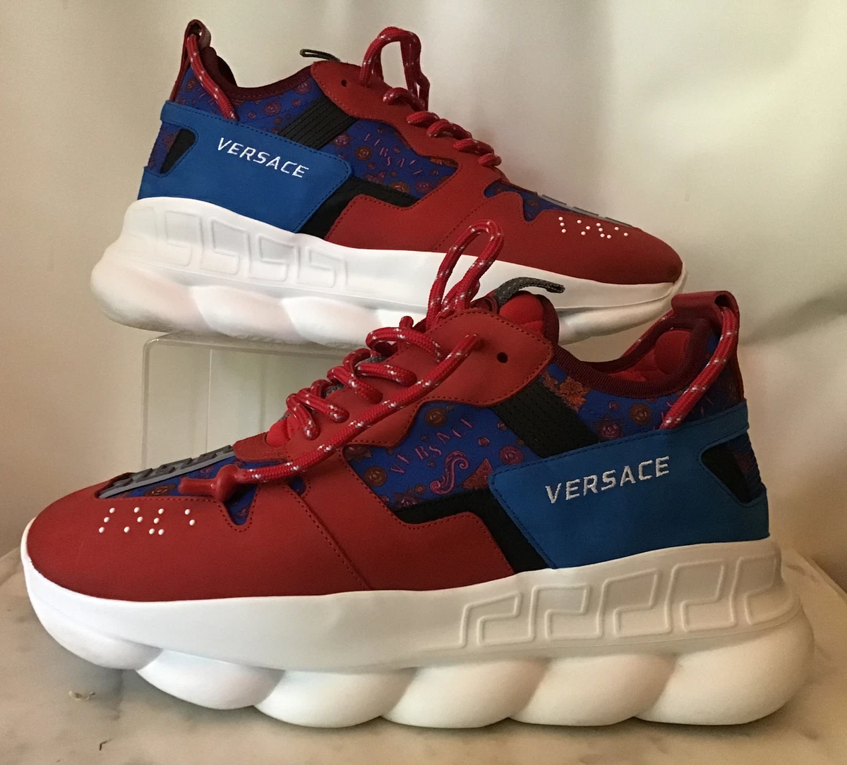 Versace $1075 Red Blue Barocco Chain Reaction Sneakers Size 45 US 11