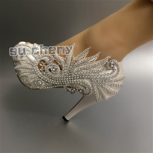 su.cheny 3” 4” heel satin white ivory lace pearl open toe Wedding Bridal shoes - Picture 23 of 29