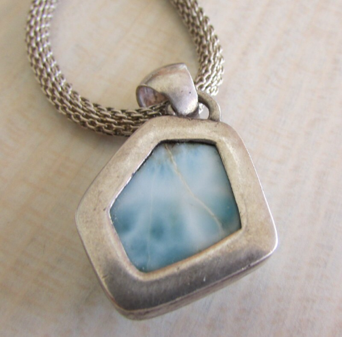 Larimar and Sterling Silver Pendant on Round Woven Chain. + - Picture 3 of 3