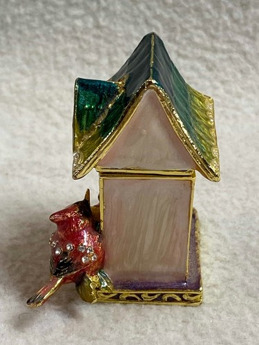 Jeweled / Enameled Birdhouse with Cardinal Hinged Trinket Box - Picture 4 of 7
