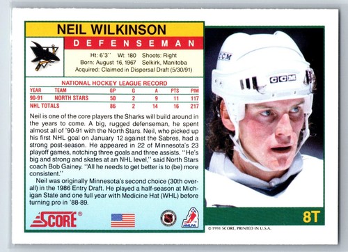 1991-92 Score Rookie and Traded Neil Wilkinson San Jose Sharks #8T - Picture 2 of 2