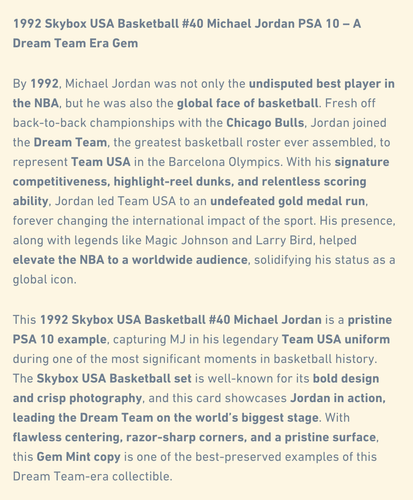 1992 Skybox USA Basketball #40 Michael Jordan PSA 10 - Picture 3 of 3