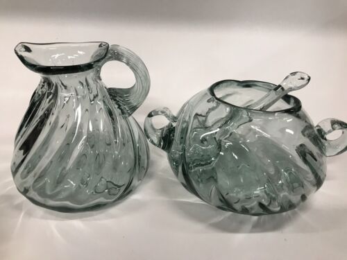 Hand Blown Glass Creamer and Sugar Bowl Set With Spoon Hand Made - Picture 11 of 22