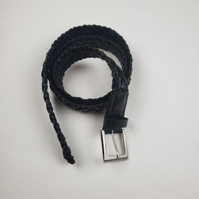 Genuine Leather Belt Woven Braided Black Silver Buckle Mens 
