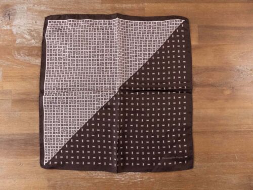ERMENEGILDO ZEGNA brown & beige geometric print silk pocket square authentic