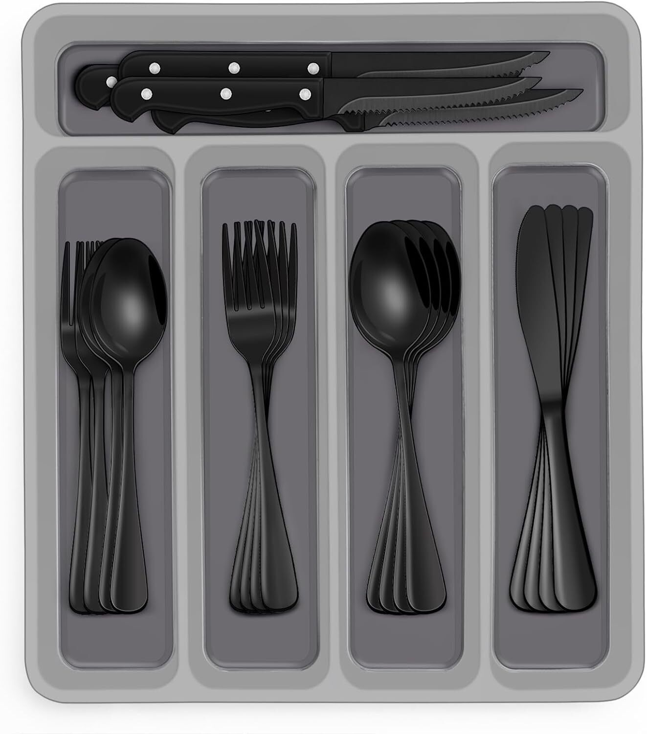48-Piece Black Flatware Set with Stylish Storage Organizer