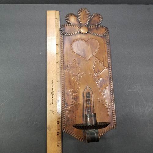 14" Primitive Punched Tin Tulip Heart Copper Flower Sconce Candle Holder - Picture 10 of 14