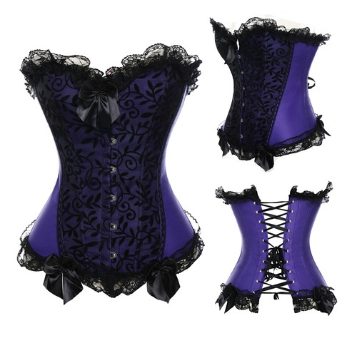 Womens Overbust Boned Corset Burlesque Basque Tops Lace Up Costume Fancy Dresses - Picture 34 of 40