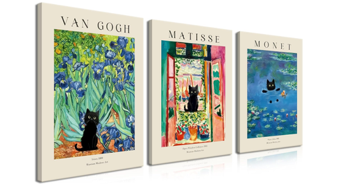 Monet/Van Gogh/Matisse Black Cat Art 3pc-16x24 Framed Canvas, Premium Room Decor