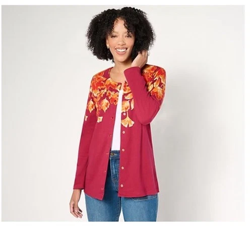 Quacker Factory Fall is in the Air Long Sleeve Printed Cardigan Brick M A657708