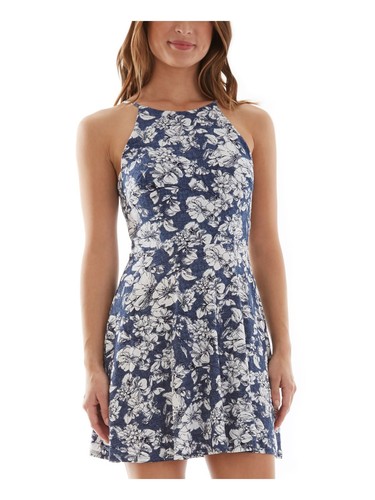 BCX Womens Blue Floral Spaghetti Strap Halter Short Party Fit + Flare Dress S - 第 5/11 張圖片