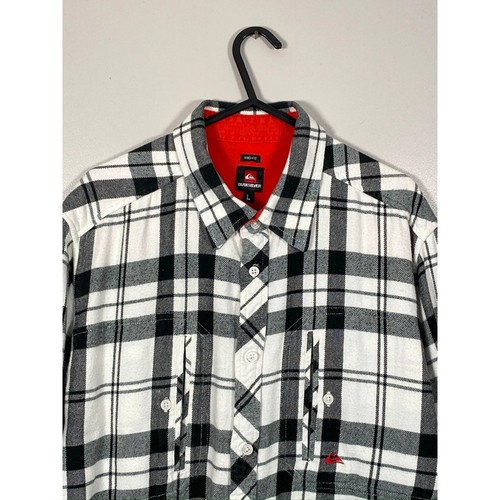 Quiksilver Flannel Shirt Plaid Black White Pockets Embroidered Surf Size Large - Picture 2 of 20