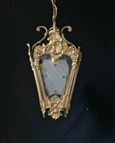 Antique Vintage Ornate Brass Pebbled Glass Ceiling Lantern Pendant Lamp - Picture 2 of 10