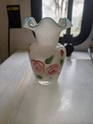 Vintage Fenton White Swirl Glass Vase. Hand Painted Flowers. Blue Ruffled Rim.