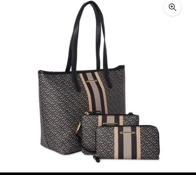Time and Tru Women's 3 Piece Tote Handbag Set Black Print, Brand New with Tags