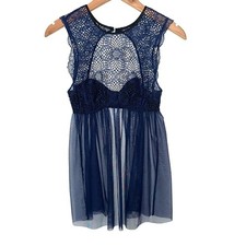 Victoria  s Secret Navy Blue Lace  Tulle Babydoll Lingerie Size Small