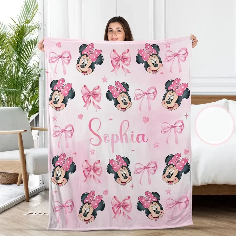 Personalized Disney Minnie Mouse Coquette Bows Pink Pattern Cozy Fleece Blanket