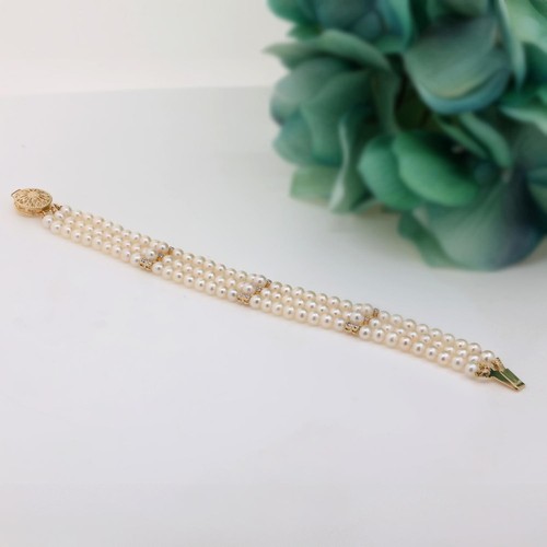 Vintage 3-Strand Pearl Diamond Bracelet 14K Yellow Gold 7.25" Ladies Estate - Picture 5 of 10