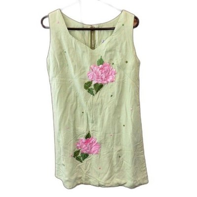 Emmi Dress Vintage Linen Green Sleeveless Embroidered Floral Zip 19x35  M Women