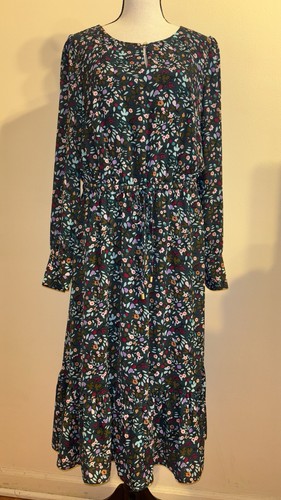 Talbots Dress Women's Size 8 Crepe Green Floral Tiered Long Sleeve Waist Tie - Picture 5 of 20