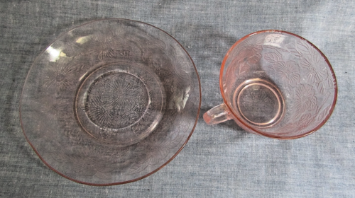 MACBETH EVANS PINK DEPRESSION GLASS DOGWOOD APPLE BLOSSOMS CUP AND SAUCER THICK - Picture 4 of 4