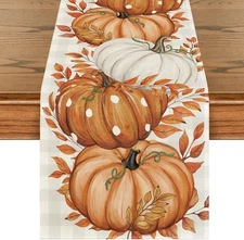 Artoid Mode Buffalo Plaid Orange Pumpkins Eucalyptus Fall Table Runner, Autumn T