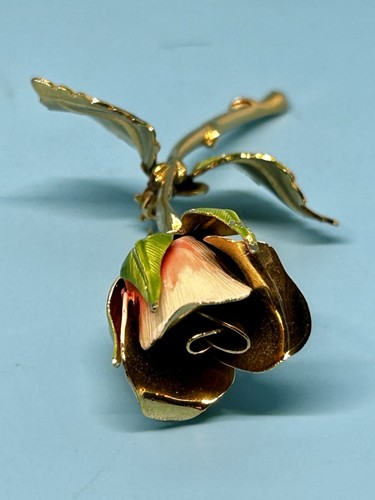 Vintage Giovanni Pink Rose Flower Gold Tone Green Leaf Enamel Pin Brooch 3" - Picture 9 of 12