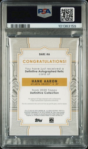 🔥POP 1💎 HANK AARON 2020 Topps Definitive True Game Used On Card AUTO PSA 9/10 - Picture 2 of 3