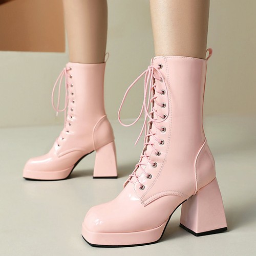 Women's Square Toe Ankle Boots Platform Chunky Heel Lace Up Fashion Dress Shoes - Picture 3 of 16