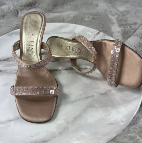 Anne Klein Women's Size 5 1/2 Blush Pink Slip On Sandal Heels Sequins Satiny - Picture 3 of 8