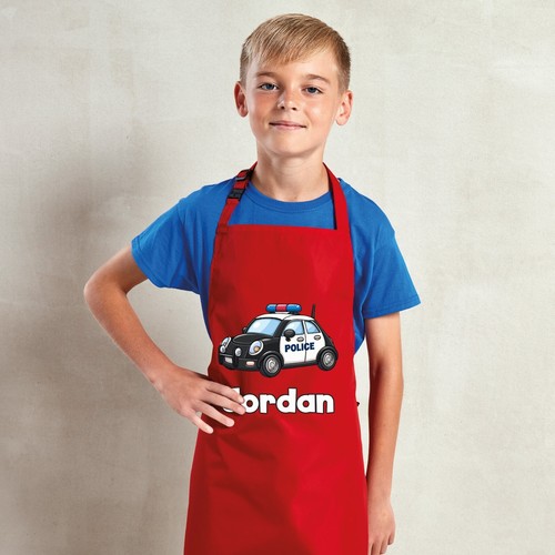 Delantal personalizado con cualquier nombre coche de policía impermeable para niños pastel artesanal. Regalo para niño niña - Imagen 2 de 12
