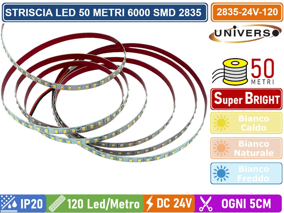 STRISCIA LED SMD 2835 BOBINA 50 METRI 12W/M 24V MONOCOLORE 120 LED/M 53000 LUMEN - Immagine 2 di 3
