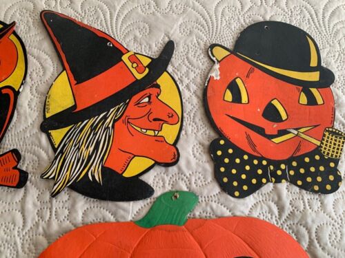 8 Vintage 40-50er Jahre Luhrs gestanzt geprägt JOL schwarze Katze Hexe Eule Halloween Deko - Bild 3 von 10