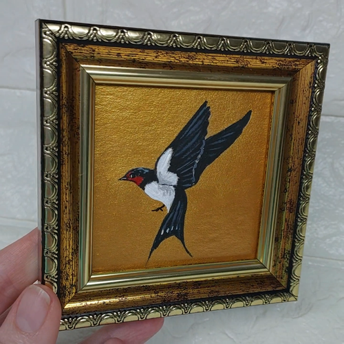 Small painting Swallow  Bird oil painting Small Gold Art Frame Artwork Gift - Video 1 of 1