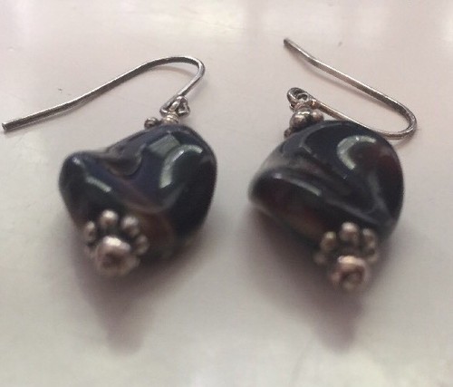 Handmade Sterling Silver & vintage brown swirl glass bead earrings 15mm .925 - Picture 6 of 7